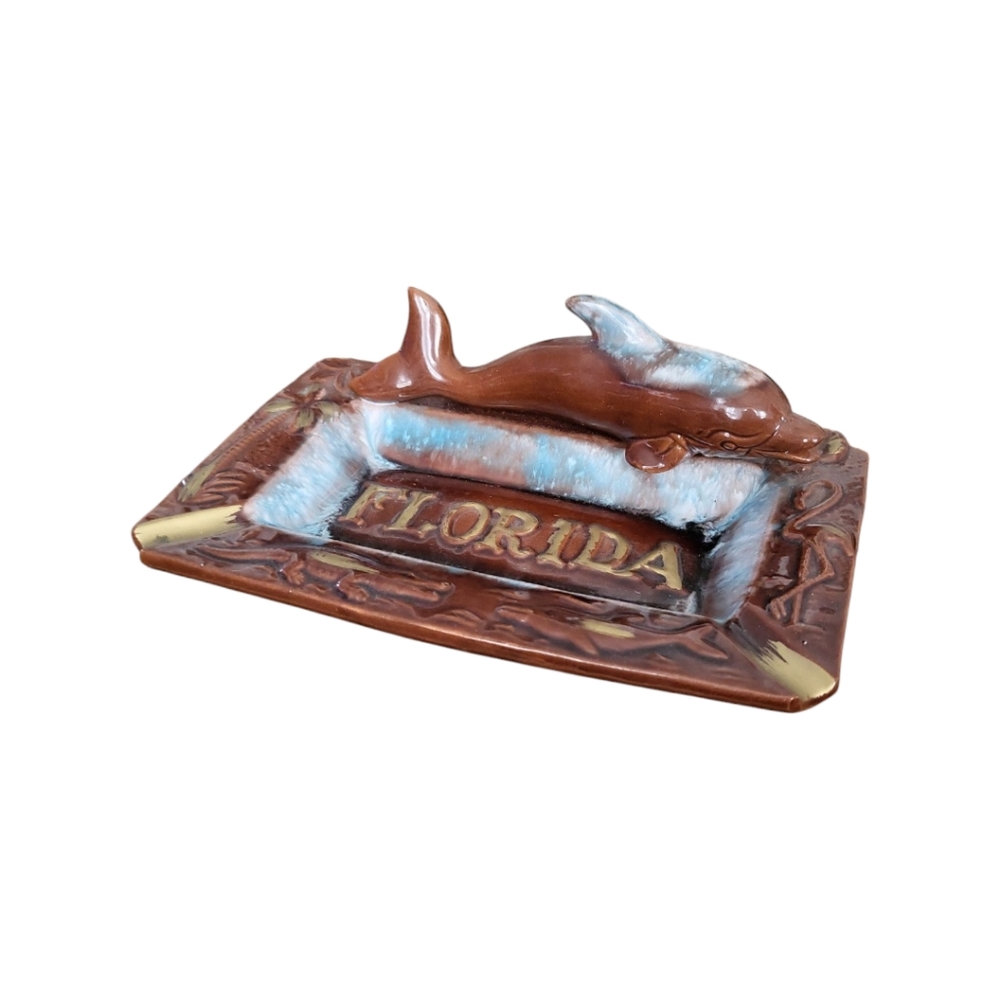 Vintage MCM Florida Dolphin Pottery Drip Glazed Ash Tray / Trinket Dish